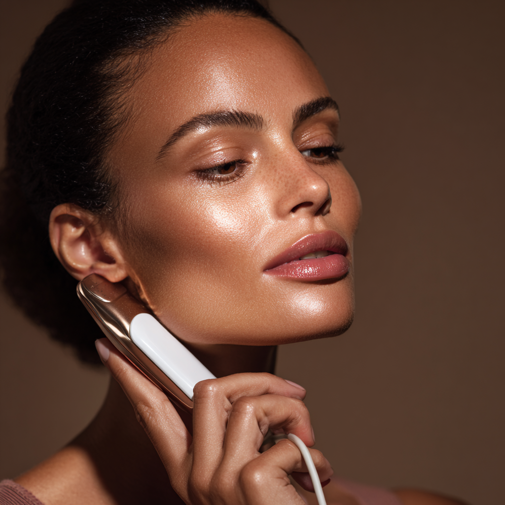 Woman performing Face Sculpting Techniques & Gadgets with advanced beauty gadget highlighting defined facial contours