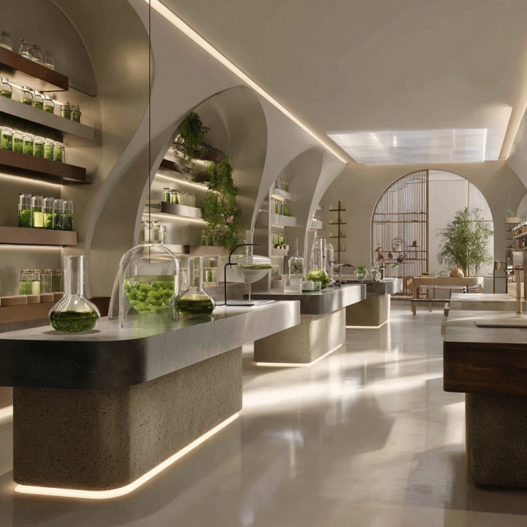 Modern beauty innovation lab combining sustainable materials and luxury design.