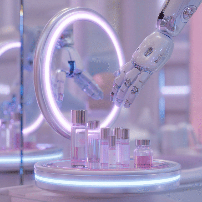 Artistic visualization of futuristic AI beauty lab and home skincare robots.