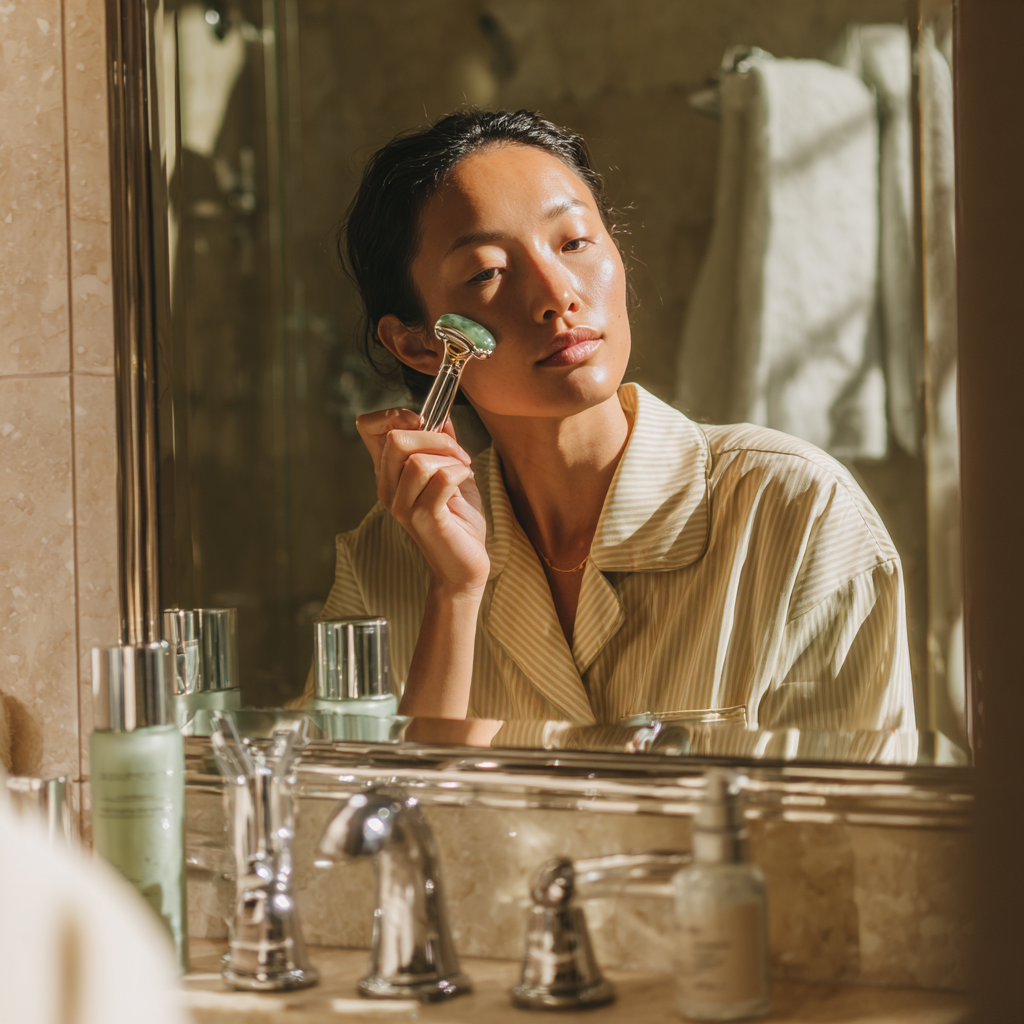 Woman practices face yoga and gadgets using a modern beauty gadget in a minimalist bathroom.