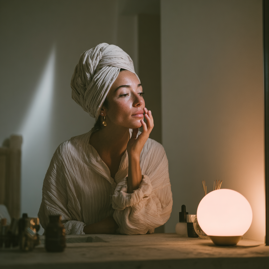 Woman applying nighttime skincare while smart light supports circadian rhythm. smart sleep gadget