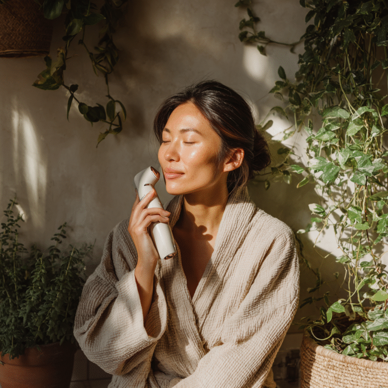 Woman enjoys eco-friendly beauty tech, smart skincare routine with sustainable beauty device.